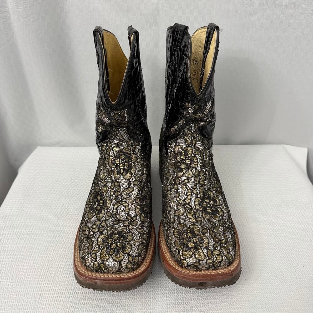Ferrini Boots Womens Size 8.5 B Black Leather Floral Lace Cowboy Western - Picture 5 of 15